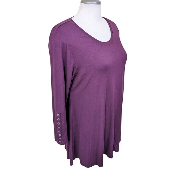 Comfy USA Women M Top Tunic Plum Purple Scoop Neck High Low Long Sleeve Button - Picture 2 of 7